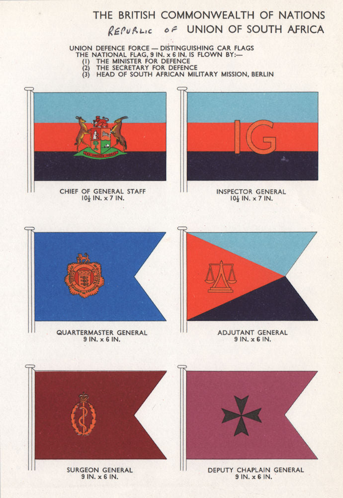 SOUTH AFRICA FLAGS. Chief of Staff. Inspector/Quartermaster/Surgeon General 1958